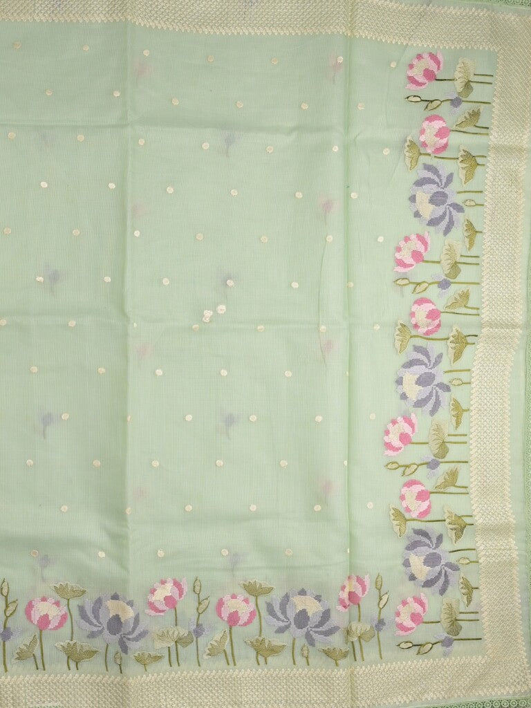 Kota fancy saree light green color allover zari motifs & fancy zari border with running pallu and attached self blouse