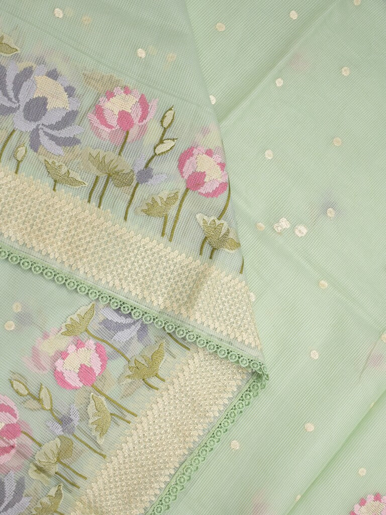 Kota fancy saree light green color allover zari motifs & fancy zari border with running pallu and attached self blouse
