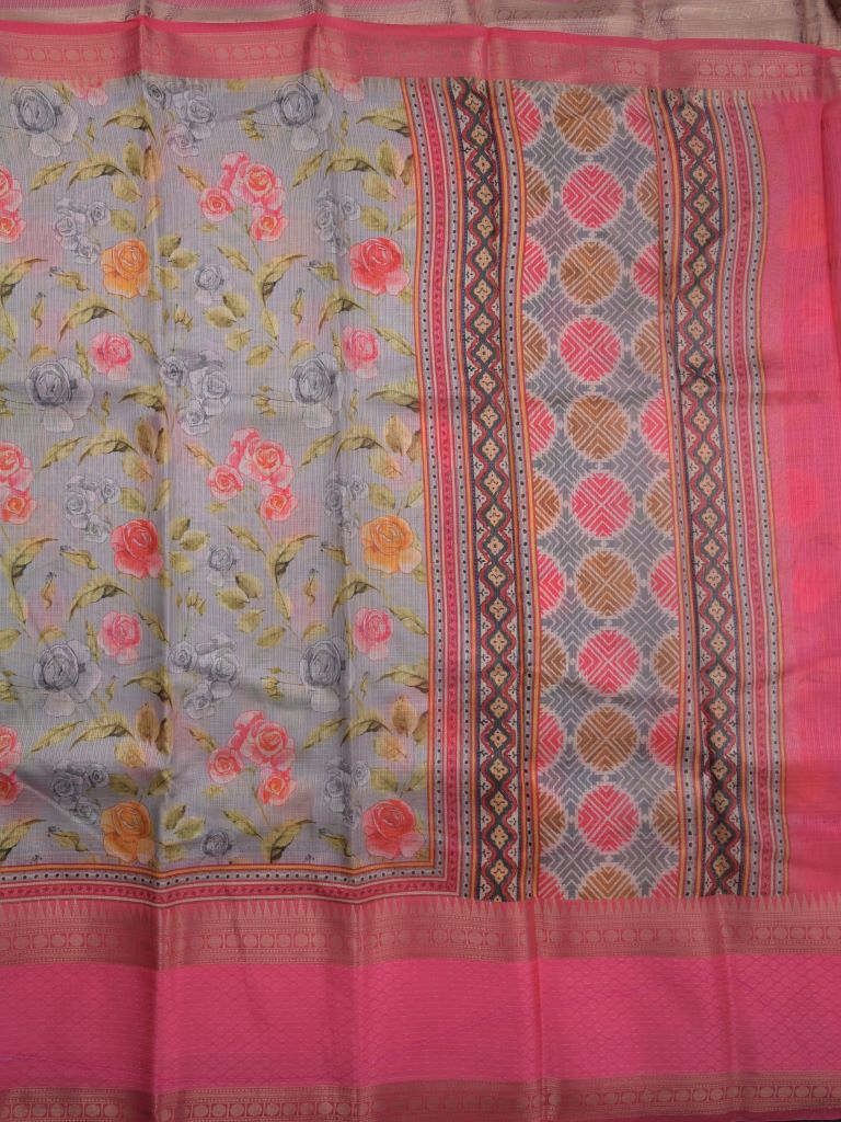 kota fancy saree grey color allover digital prints & zari border with printed pallu and contrast blouse