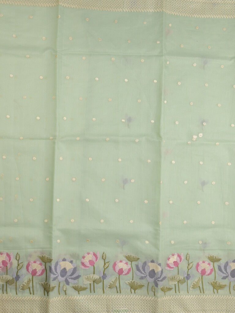 Kota fancy saree light green color allover zari motifs & fancy zari border with running pallu and attached self blouse