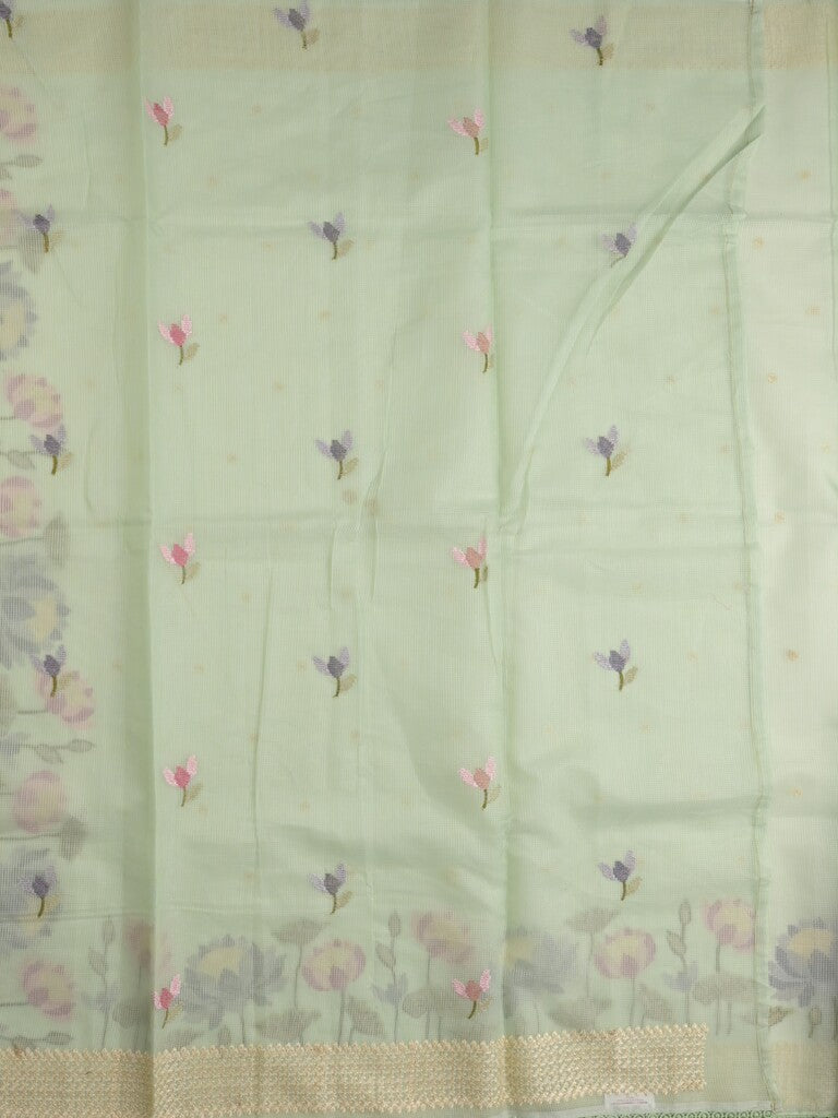Kota fancy saree light green color allover zari motifs & fancy zari border with running pallu and attached self blouse