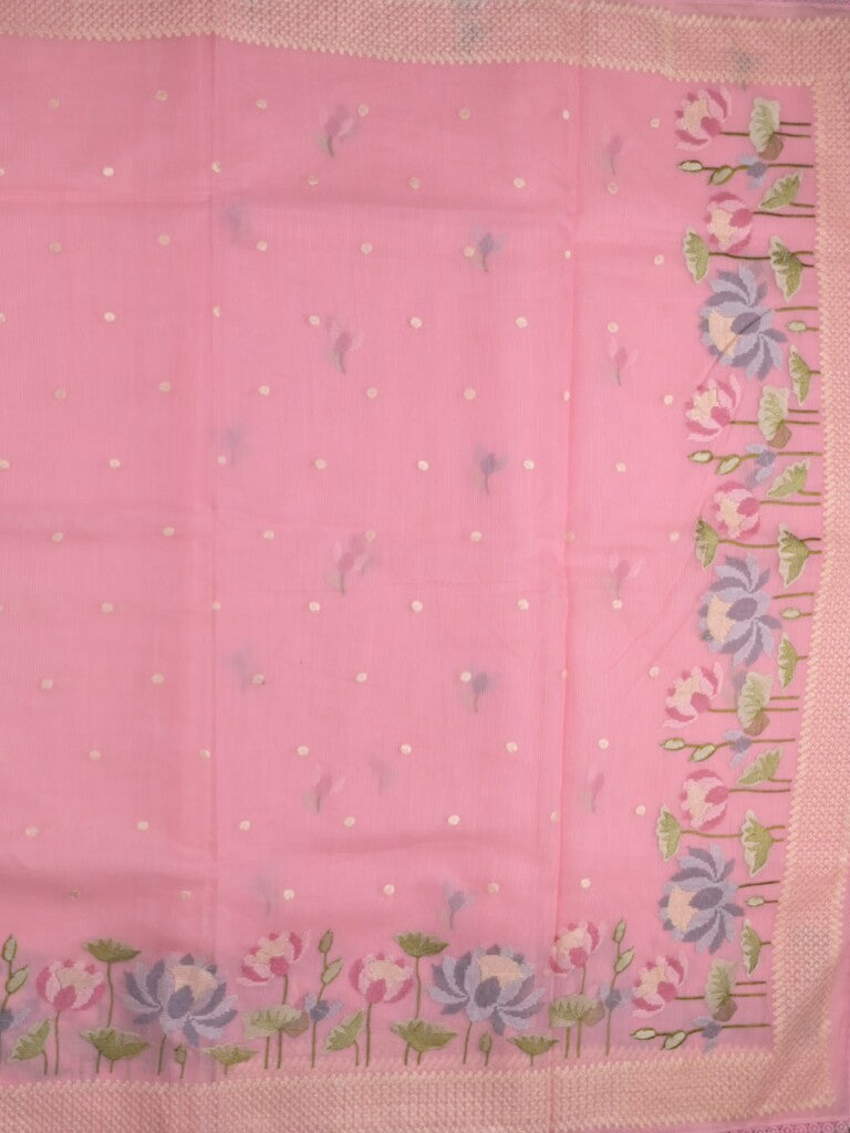Kota fancy saree light pink color allover zari motifs & fancy zari border with running pallu and attached self blouse