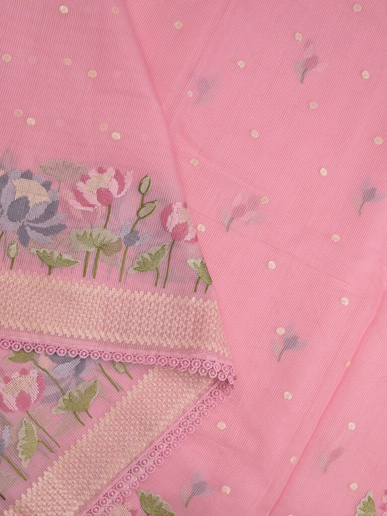 Kota fancy saree light pink color allover zari motifs & fancy zari border with running pallu and attached self blouse
