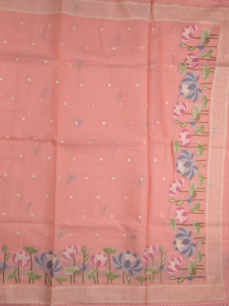 Kota fancy saree peach color allover zari motifs & fancy zari border with running pallu and attached self blouse