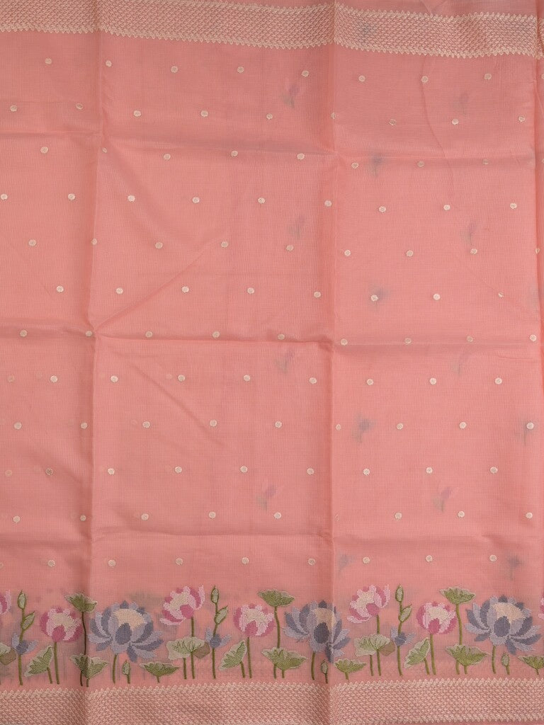 Kota fancy saree peach color allover zari motifs & fancy zari border with running pallu and attached self blouse