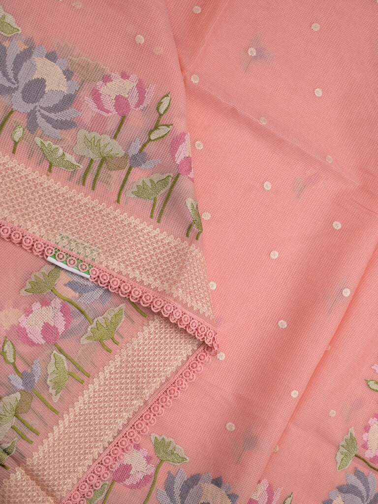 Kota fancy saree peach color allover zari motifs & fancy zari border with running pallu and attached self blouse