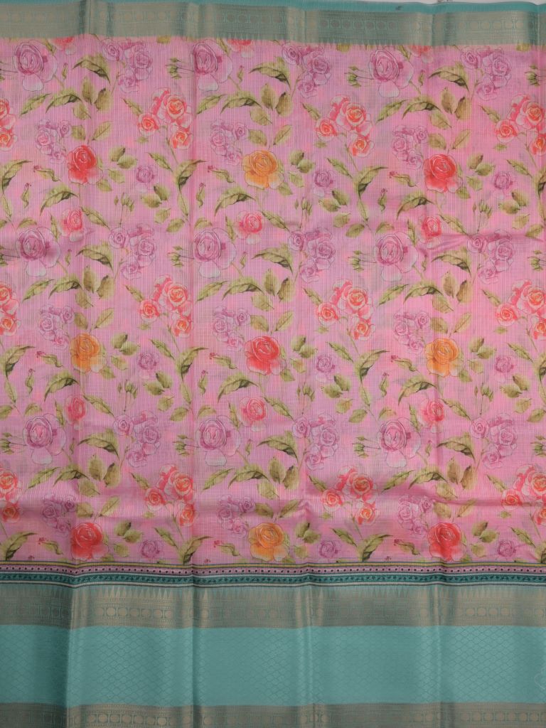 Silk kota fancy saree light pink color allover digital prints & zari border with printed pallu and contrast blouse