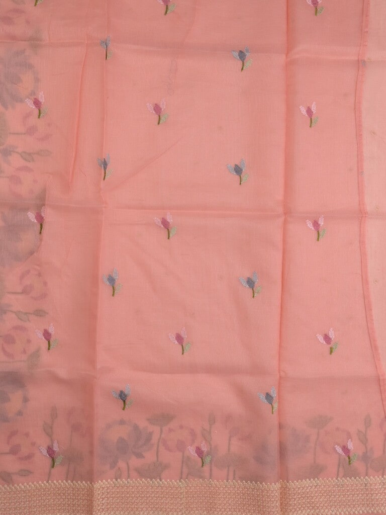 Kota fancy saree peach color allover zari motifs & fancy zari border with running pallu and attached self blouse