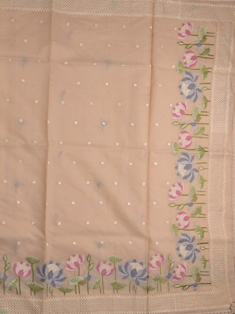 Kota fancy saree beige color allover zari motifs & fancy zari border with running pallu and attached self blouse