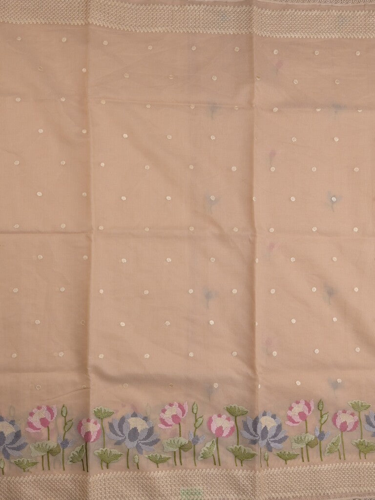 Kota fancy saree beige color allover zari motifs & fancy zari border with running pallu and attached self blouse