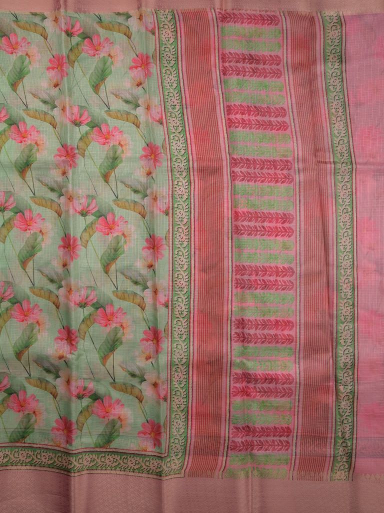 kota fancy saree light green color allover digital prints & zari border with printed pallu and contrast blouse