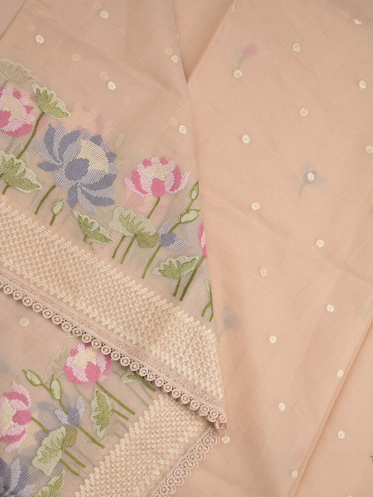 Kota fancy saree beige color allover zari motifs & fancy zari border with running pallu and attached self blouse