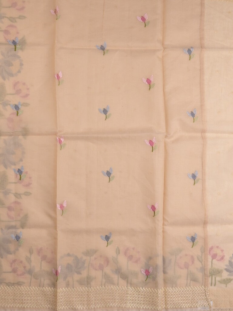 Kota fancy saree beige color allover zari motifs & fancy zari border with running pallu and attached self blouse