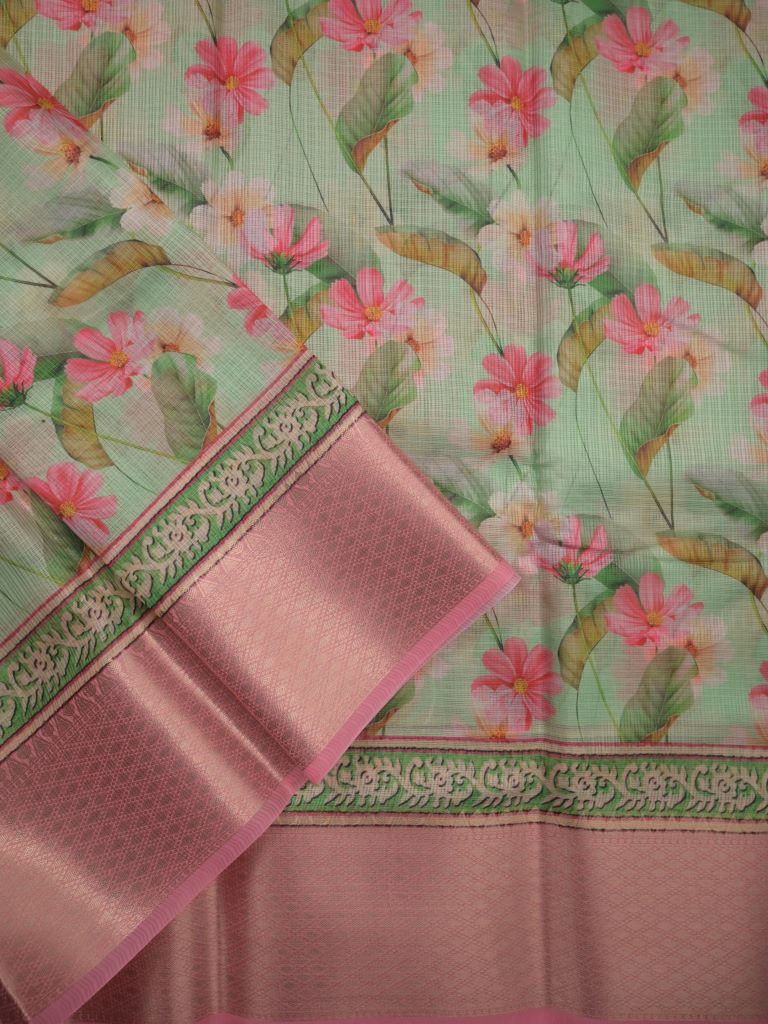 kota fancy saree light green color allover digital prints & zari border with printed pallu and contrast blouse