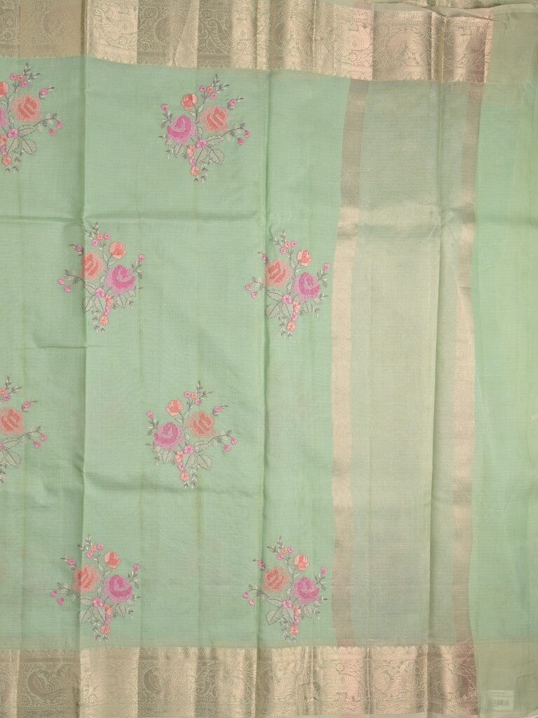 Kota fancy saree pista green color allover embroidery & zari border with short pallu and attached plain blouse