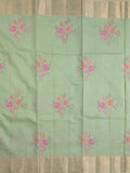 Kota fancy saree pista green color allover embroidery & zari border with short pallu and attached plain blouse