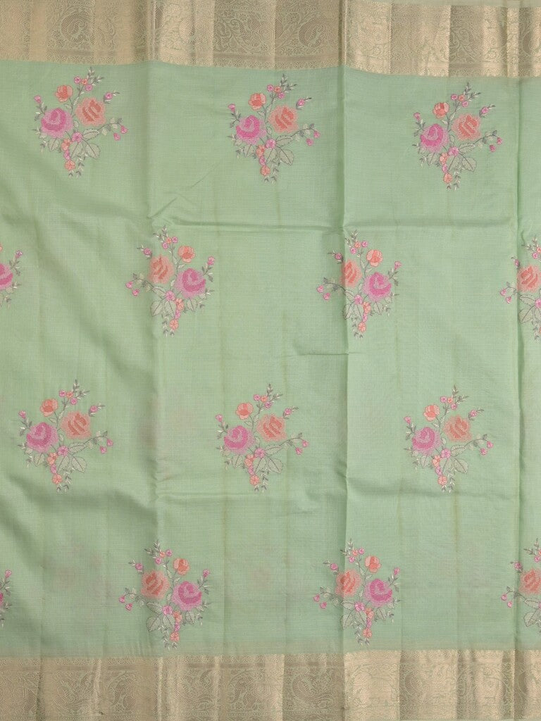 Kota fancy saree pista green color allover embroidery & zari border with short pallu and attached plain blouse