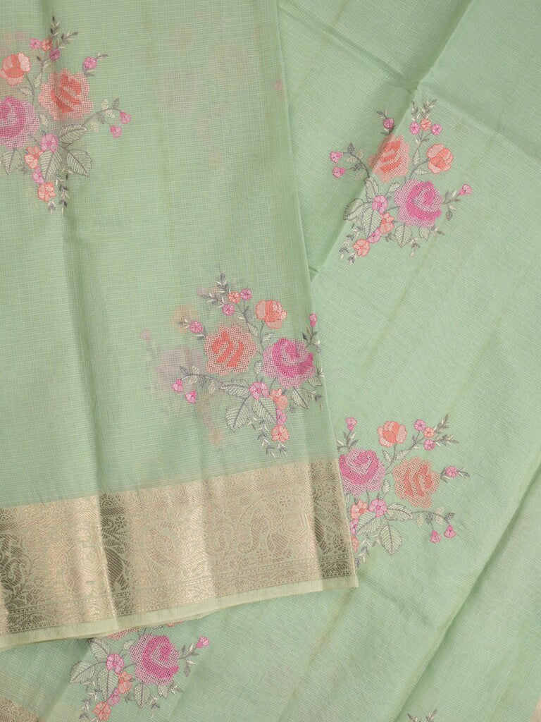Kota fancy saree pista green color allover embroidery & zari border with short pallu and attached plain blouse