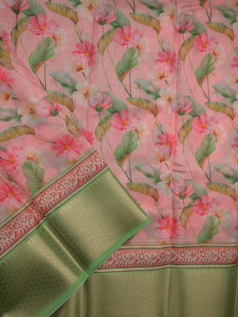 kota fancy saree light pink color allover digital prints & zari border with printed pallu and contrast blouse