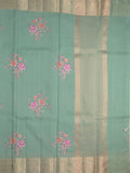 Kota fancy saree lux green color allover embroidery & zari border with short pallu and attached plain blouse