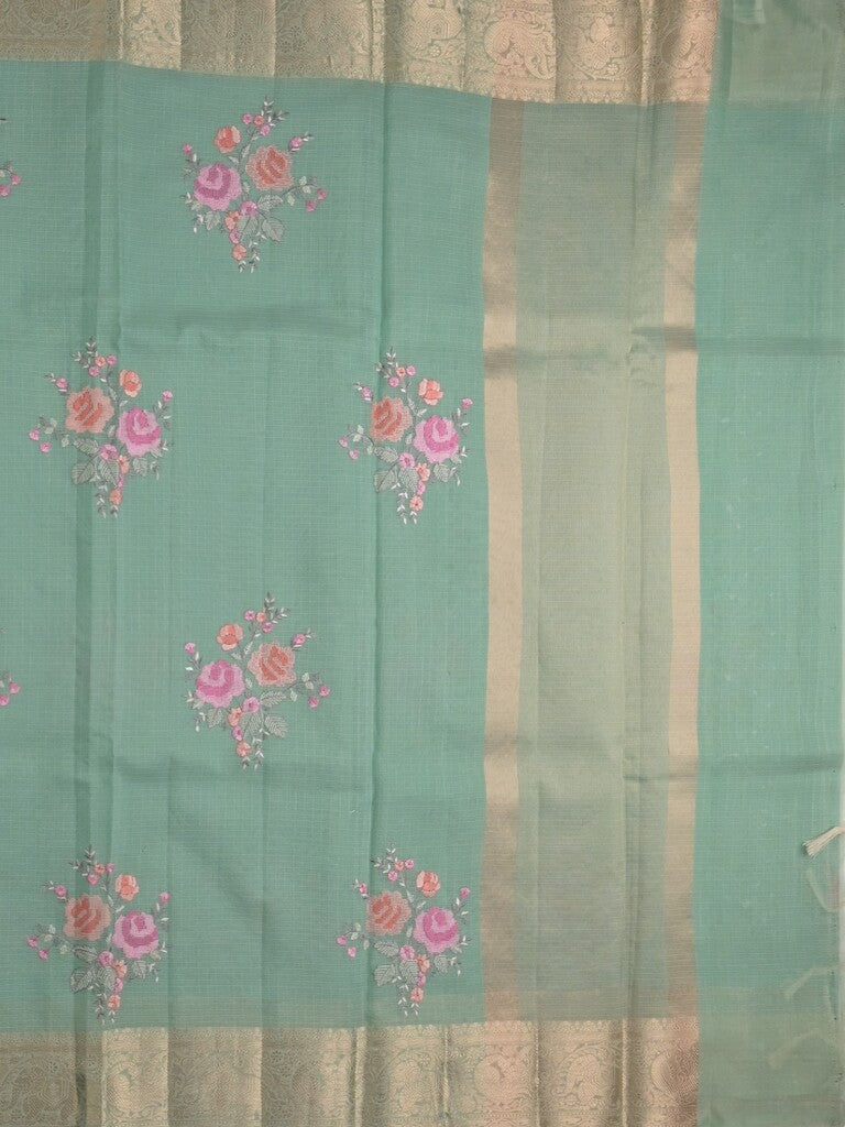 Kota fancy saree lux green color allover embroidery & zari border with short pallu and attached plain blouse