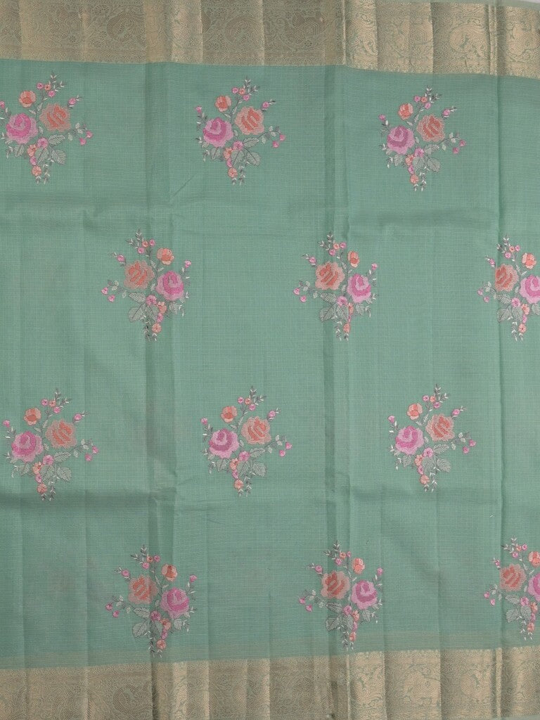 Kota fancy saree lux green color allover embroidery & zari border with short pallu and attached plain blouse