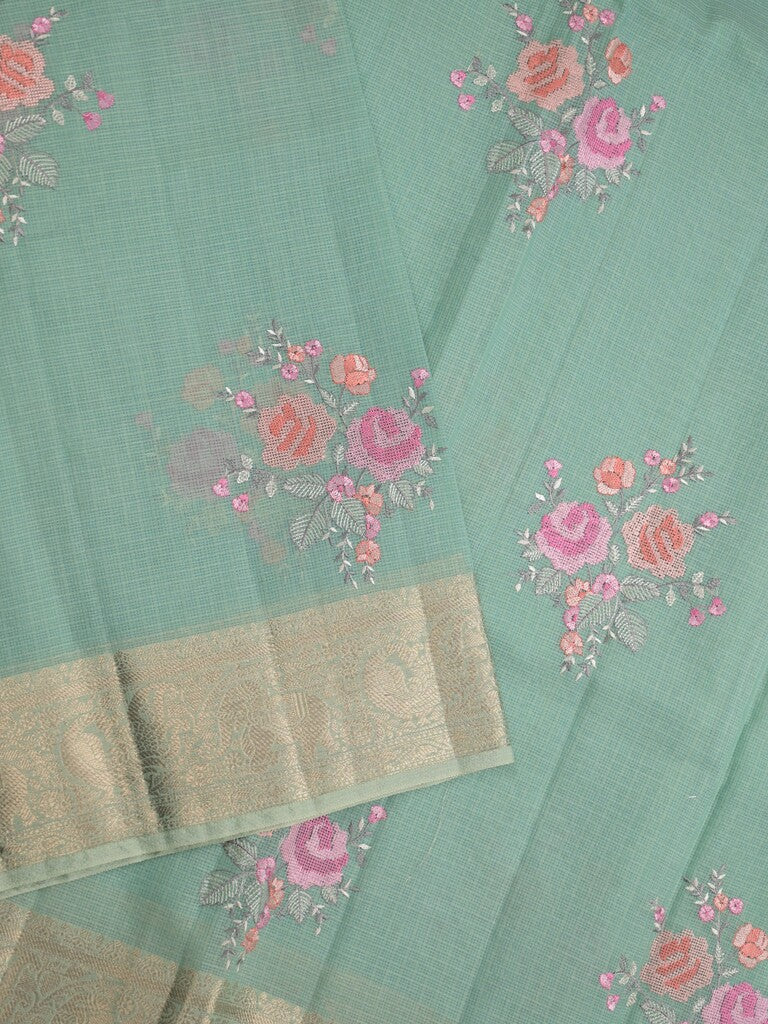 Kota fancy saree lux green color allover embroidery & zari border with short pallu and attached plain blouse