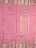 Kota fancy saree light pink color allover embroidery & zari border with short pallu and attached plain blouse