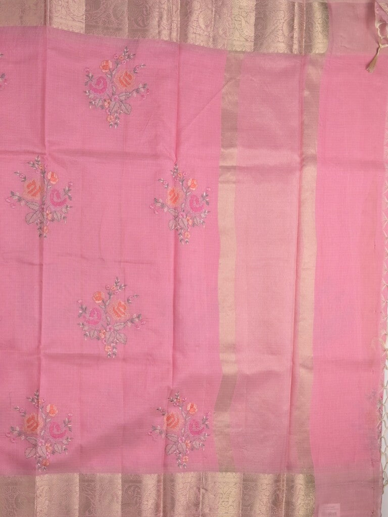 Kota fancy saree light pink color allover embroidery & zari border with short pallu and attached plain blouse