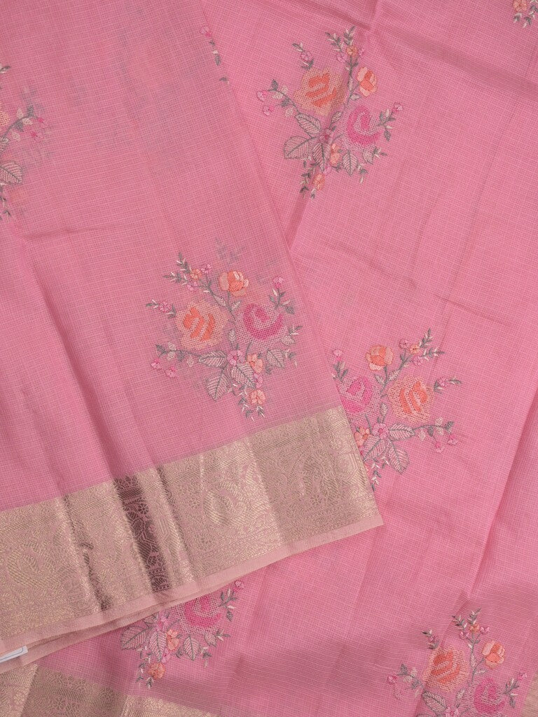 Kota fancy saree light pink color allover embroidery & zari border with short pallu and attached plain blouse