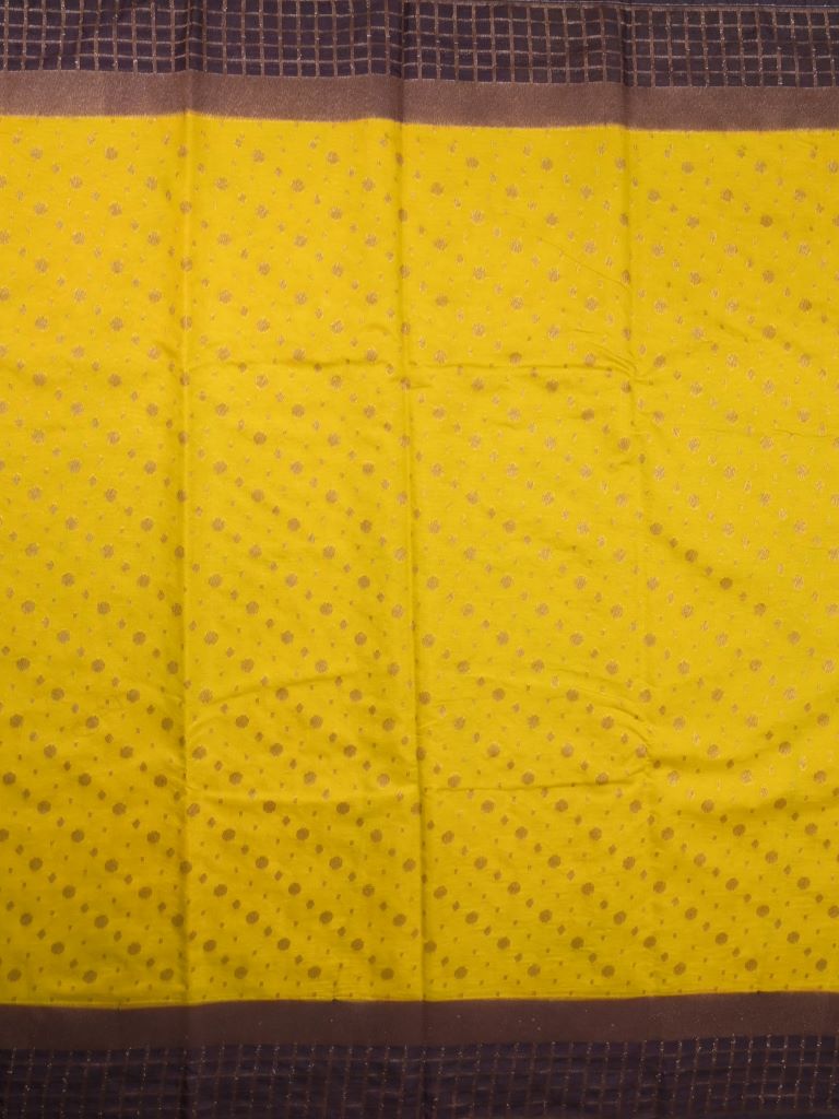 Jute fancy saree lemon yellow color allover zari butis & zari checks border with rich pallu and contrast plain blouse