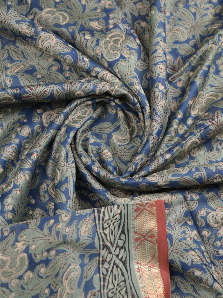 Maheshwari fancy saree blue color allover prints & small zari border with printed pallu and printed blouse