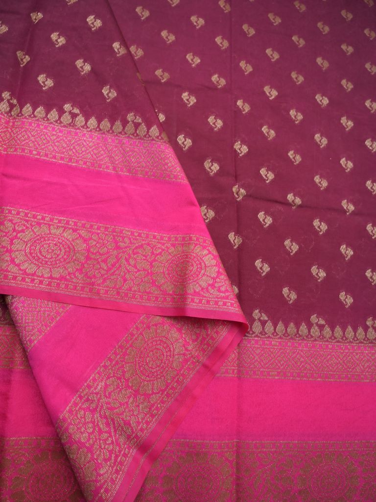 Jute fancy saree maroon color allover zari butis & zari checks border with rich pallu and contrast plain blouse