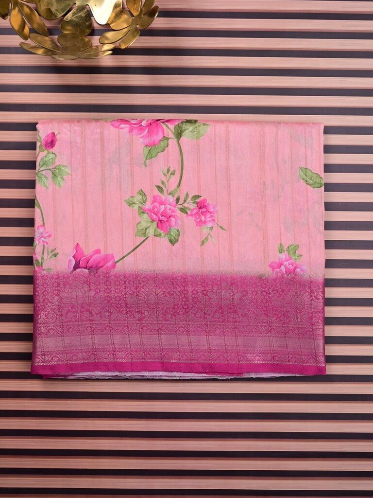 Tussar silk fancy saree baby pink color allover prints & zari border with contrast pallu and attached printed blouse