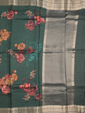 Maheshwari fancy saree dark green color allover prints & zari border with short zari pallu and plain blouse