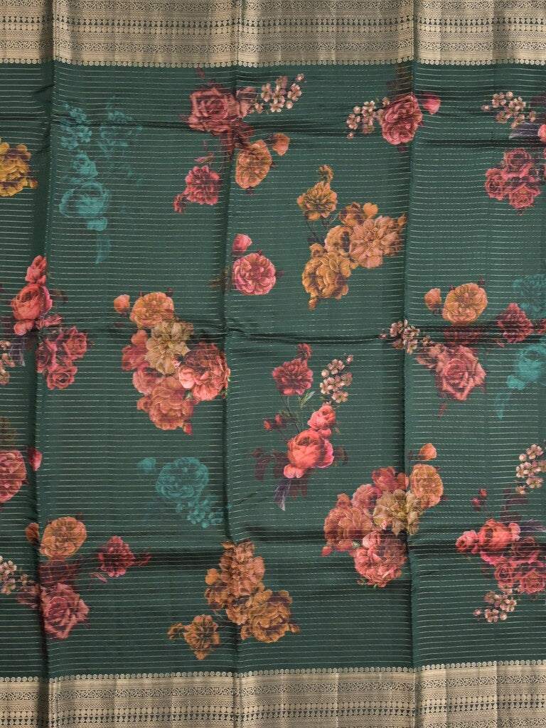 Maheshwari fancy saree dark green color allover prints & zari border with short zari pallu and plain blouse