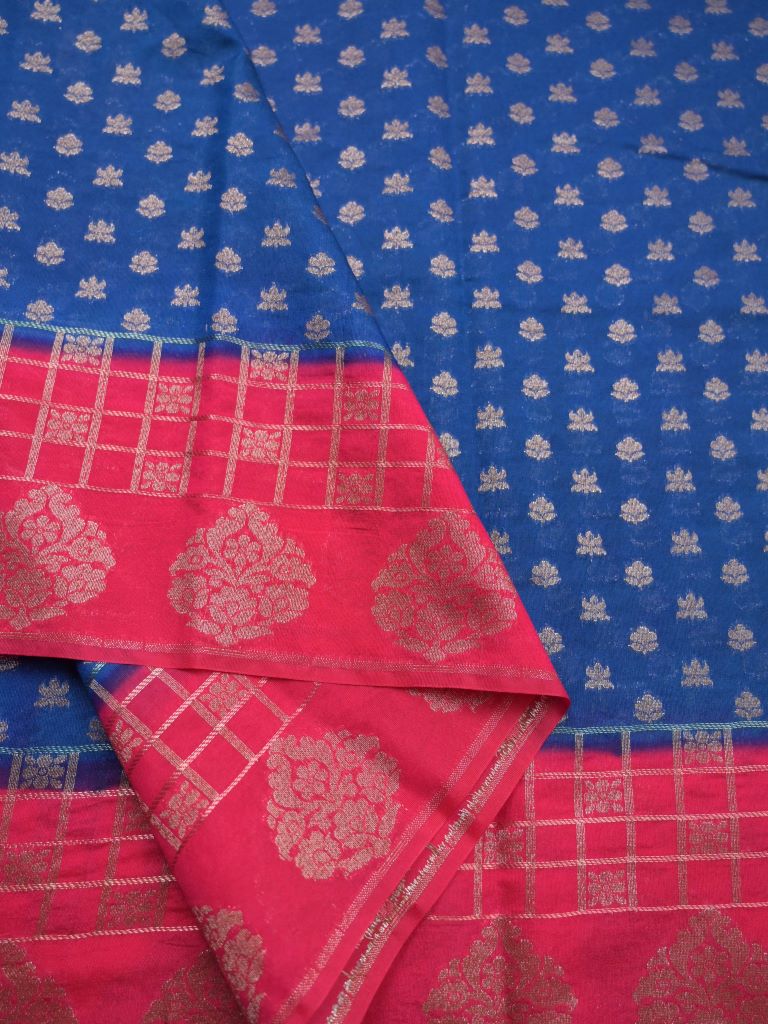 Jute fancy saree royal blue color allover zari butis & zari checks border with rich pallu and contrast plain blouse