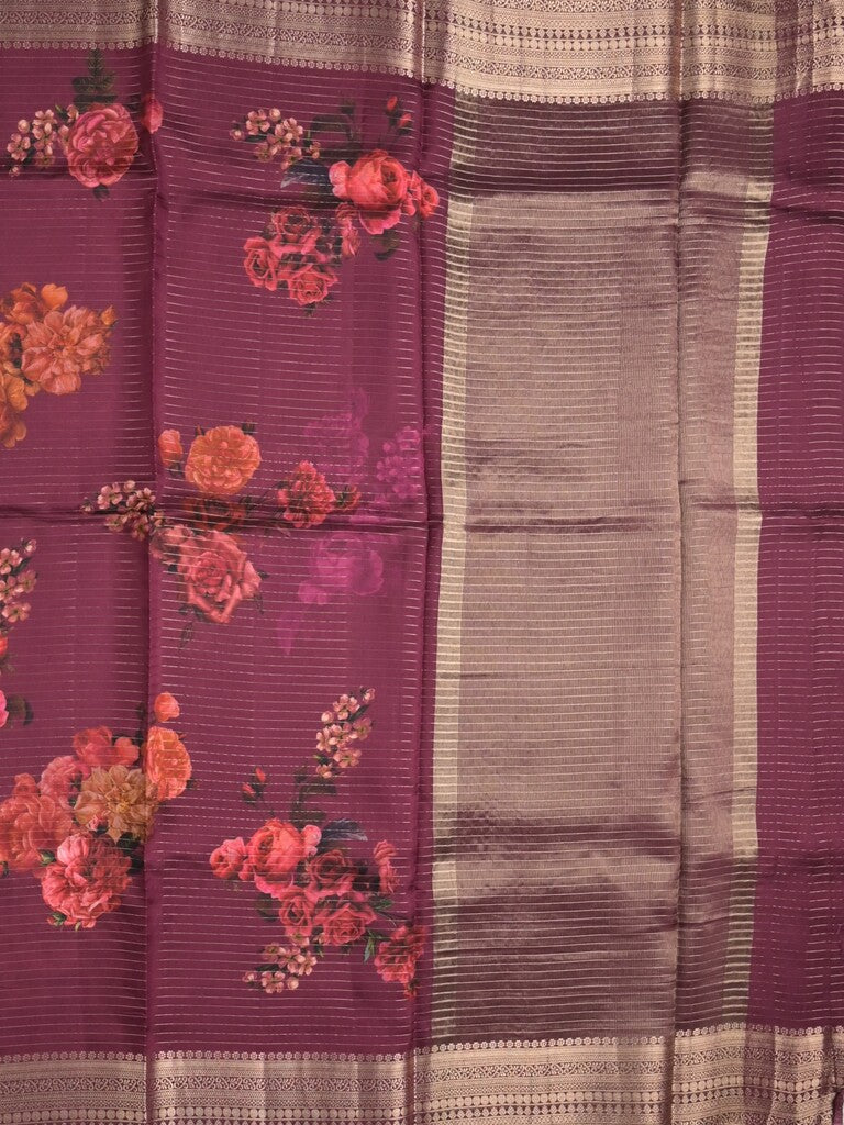 Maheshwari fancy saree wine color allover prints & zari border with short zari pallu and plain blouse