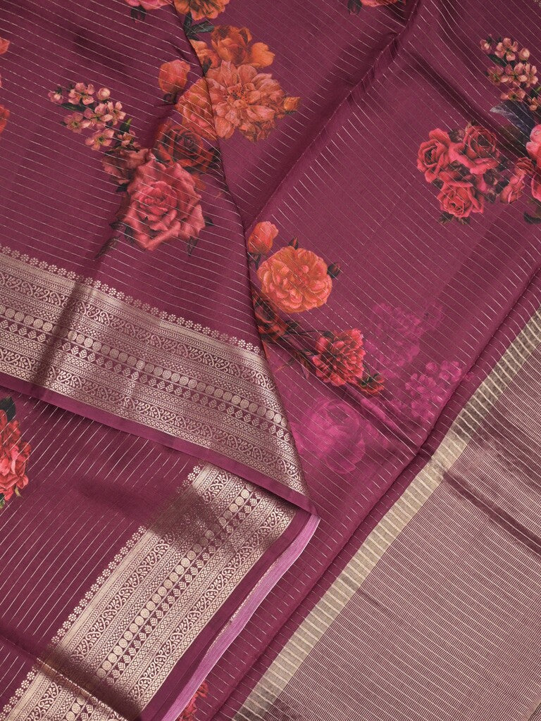 Maheshwari fancy saree wine color allover prints & zari border with short zari pallu and plain blouse