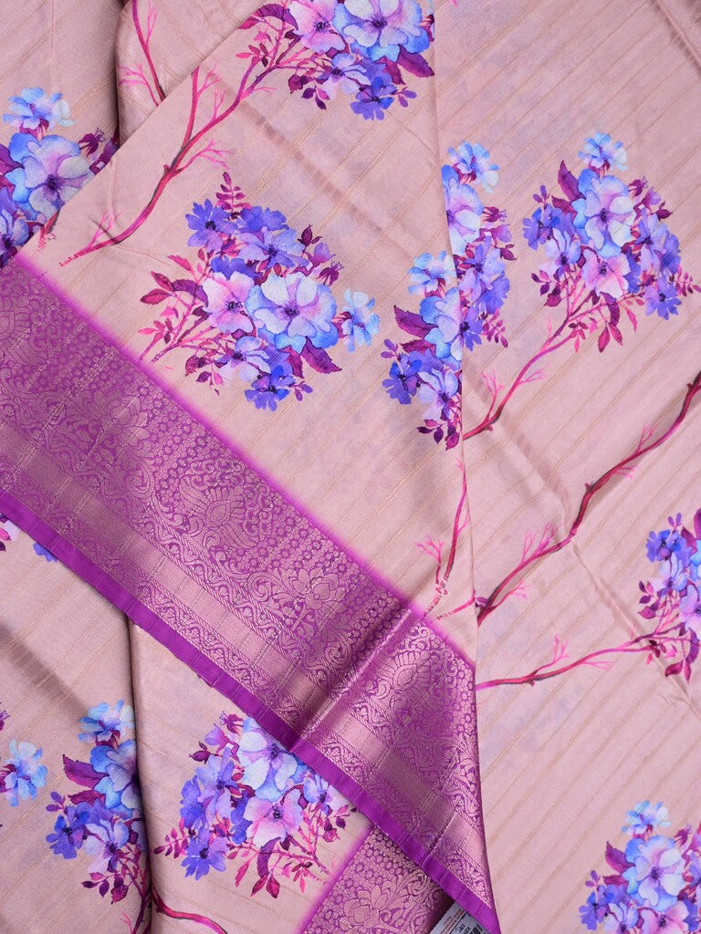 Tussar silk fancy saree light peach color allover prints & zari border with contrast pallu and attached printed blouse