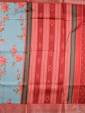 Tussar silk fancy saree light blue color allover prints & zari border with contrast pallu and attached printed blouse