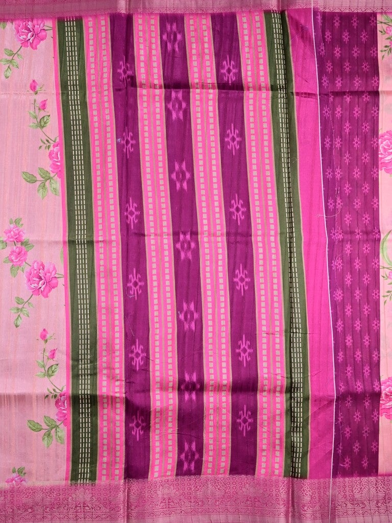 Tussar silk fancy saree baby pink color allover prints & zari border with contrast pallu and attached printed blouse