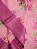 Tussar silk fancy saree baby pink color allover prints & zari border with contrast pallu and attached printed blouse