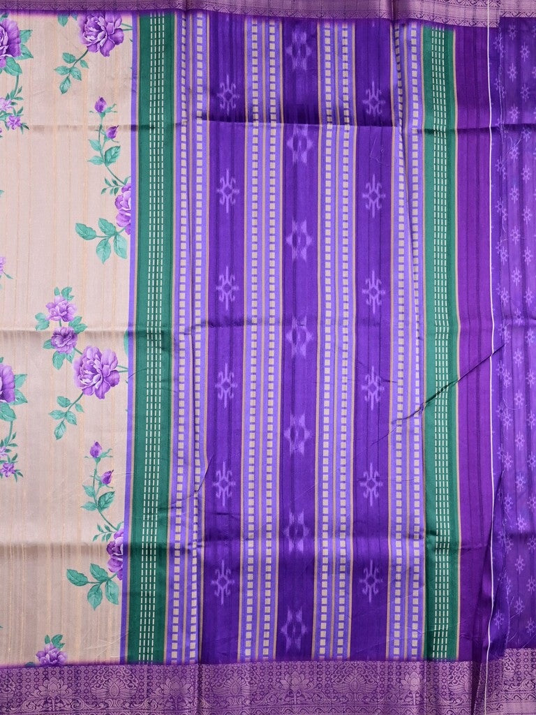 Tussar silk fancy saree cream color allover prints & zari border with contrast pallu and attached printed blouse