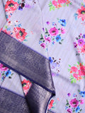 Tussar silk fancy saree light lavender color allover prints & zari border with contrast pallu and attached printed blouse