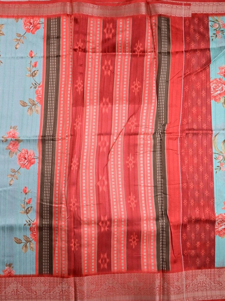 Tussar silk fancy saree light blue color allover prints & zari border with contrast pallu and attached printed blouse