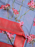 Tussar silk fancy saree light blue color allover prints & zari border with contrast pallu and attached printed blouse