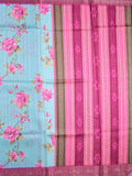 Tussar silk fancy saree light blue color allover prints & zari border with contrast pallu and attached printed blouse