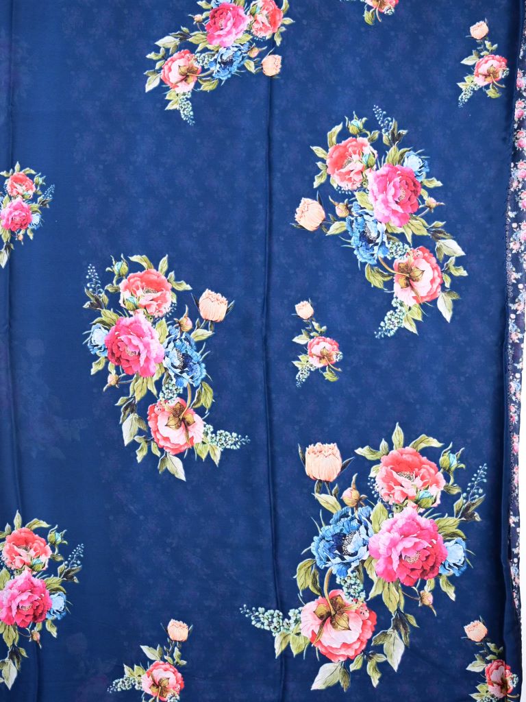 Georgette fancy saree navy blue color allover prints & small fancy border with running pallu and printed blouse