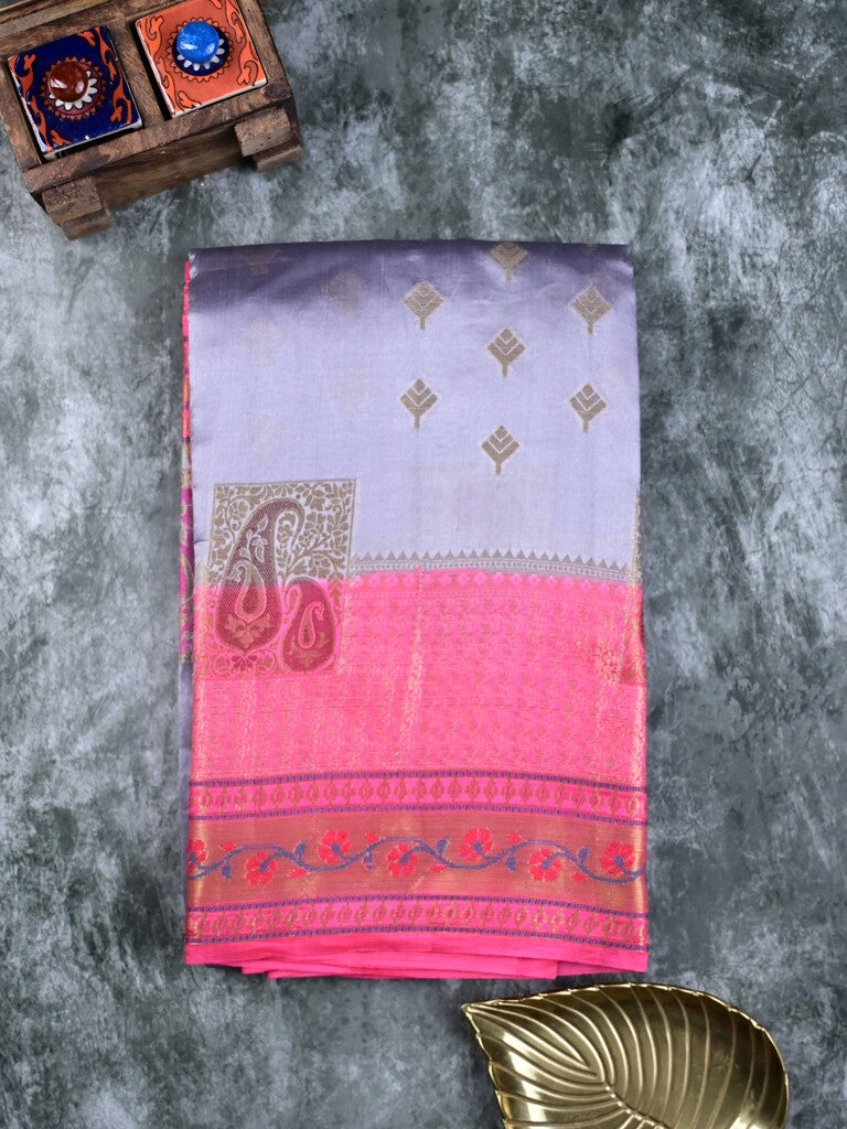 Akshara silk pattu saree grey color allover zari butis & zari border with contrast brocade pallu and brocade blouse